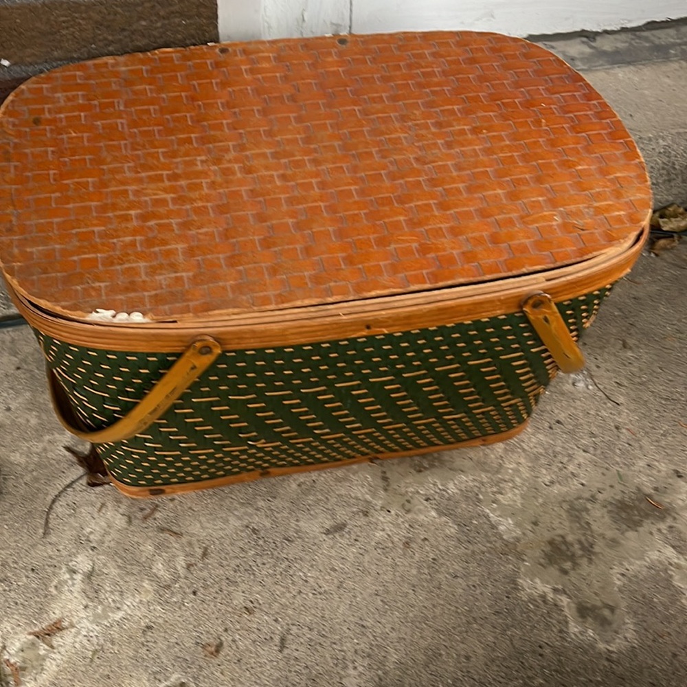 Large Vintage Red Man Large Wicker Picnic Basket with original serve ware
